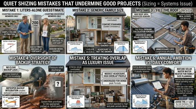 Common sizing mistakes in pressurized solar water heater projects including liters-only guessing, generic family assumptions, roof overfilling, and backup oversight